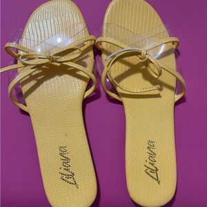 Liliana Yellow Bow Strappy Slide Sandals with Clear Strap